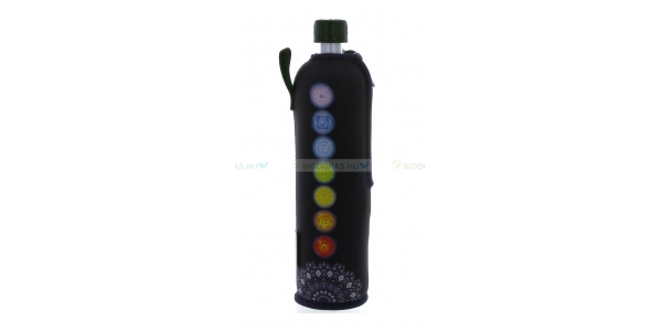 DORAS Üvegkulacs (üvegpalack) indigókék alapon, színes csakra mintás neoprén huzattal - 500 ml