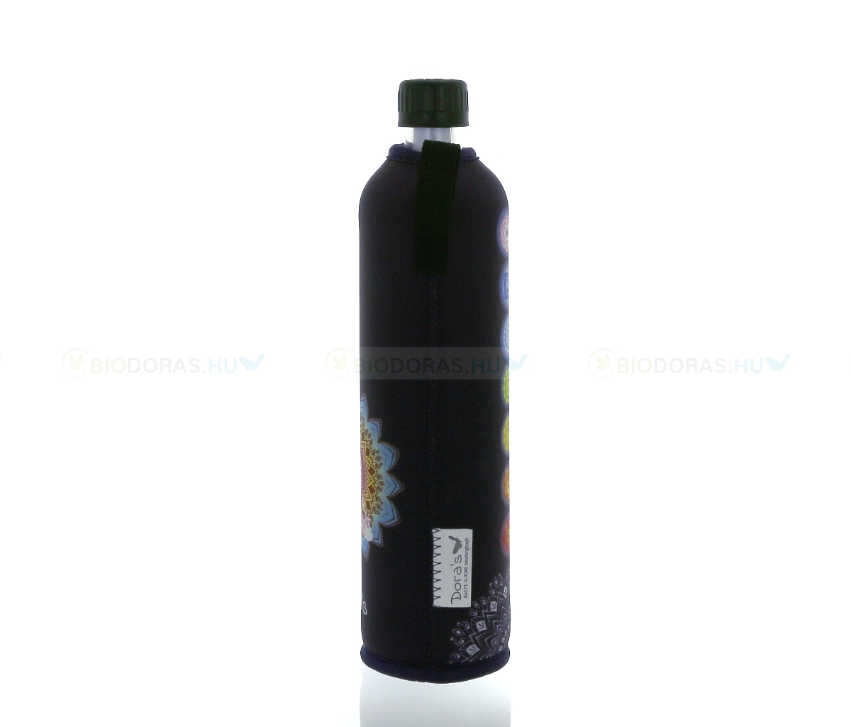 DORAS Üvegkulacs (üvegpalack) indigókék alapon, színes csakra mintás neoprén huzattal - 500 ml