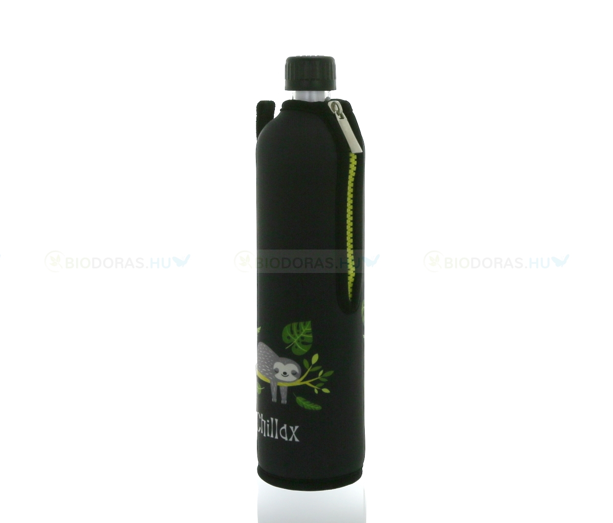 DORAS Üvegkulacs (üvegpalack) fekete alapon, szürke lajhár mintás neoprén huzattal - 500 ml