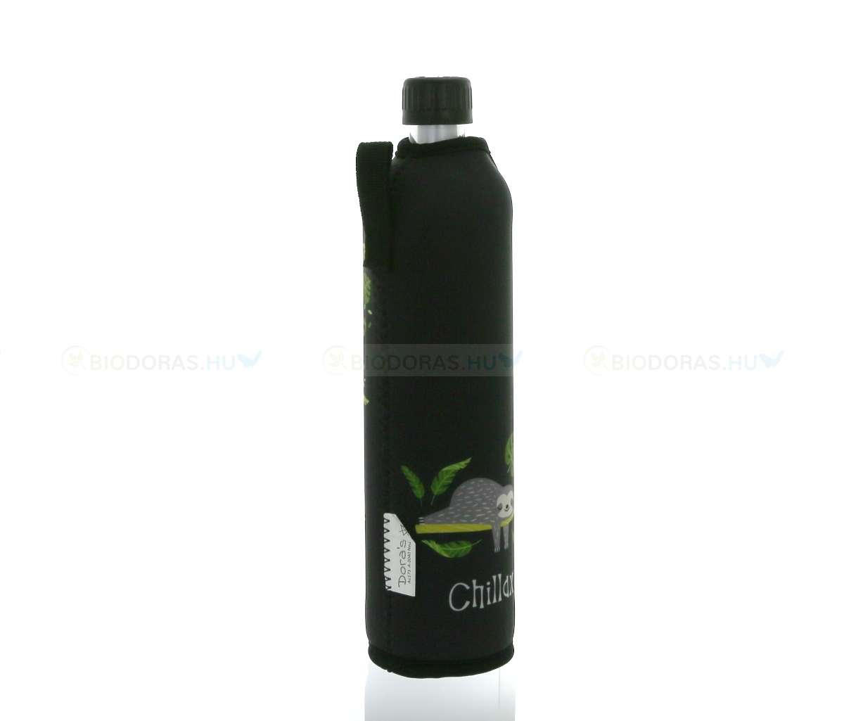 DORAS Üvegkulacs (üvegpalack) fekete alapon, szürke lajhár mintás neoprén huzattal - 500 ml