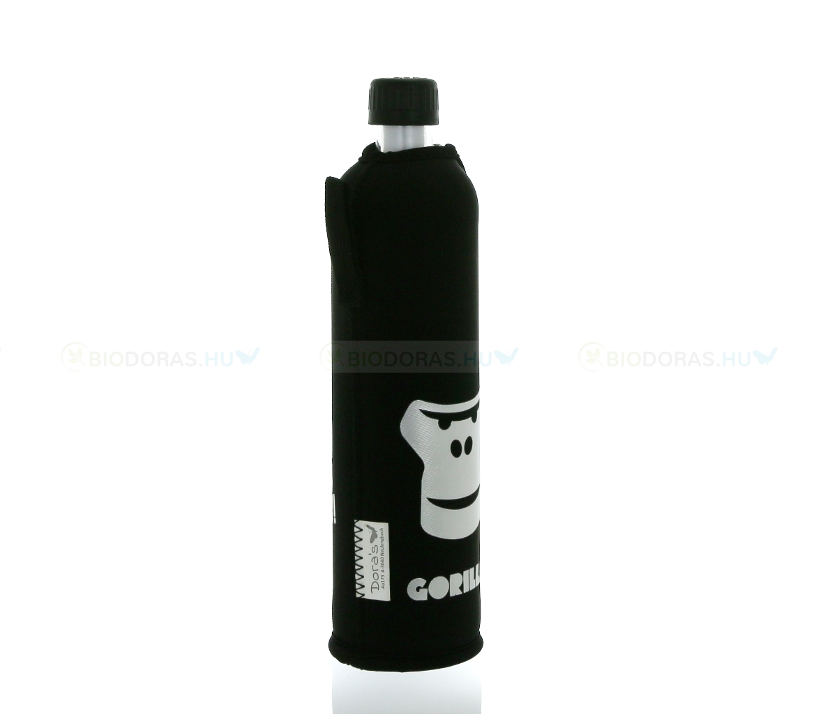 DORAS Üvegkulacs (üvegpalack) fekete alapon, ezüst színű gorilla mintás neoprén huzattal - 500 ml