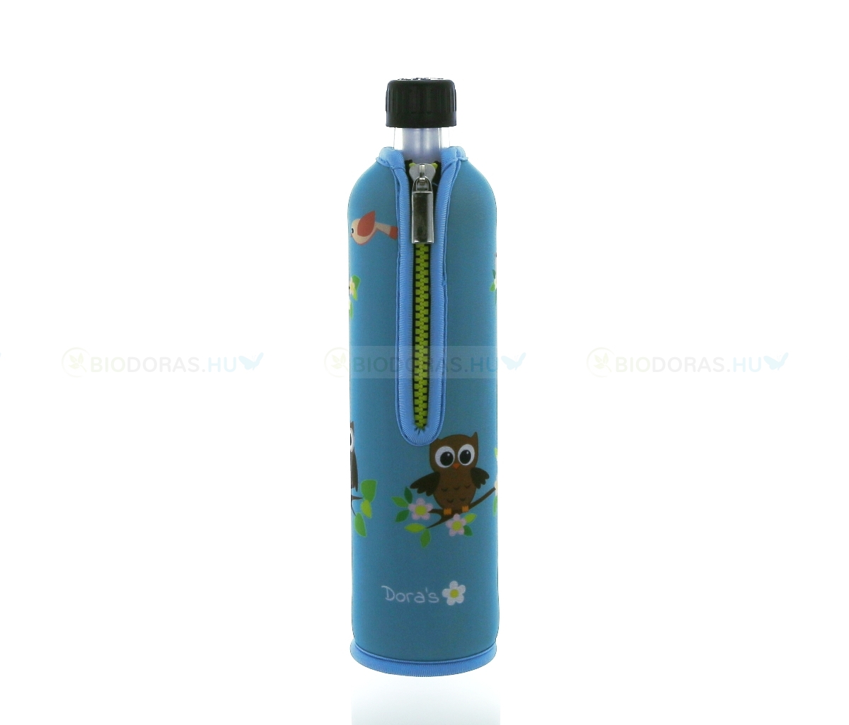 DORAS Üvegkulacs (üvegpalack) világoskék színű, bagoly mintás neoprén huzattal - 500 ml