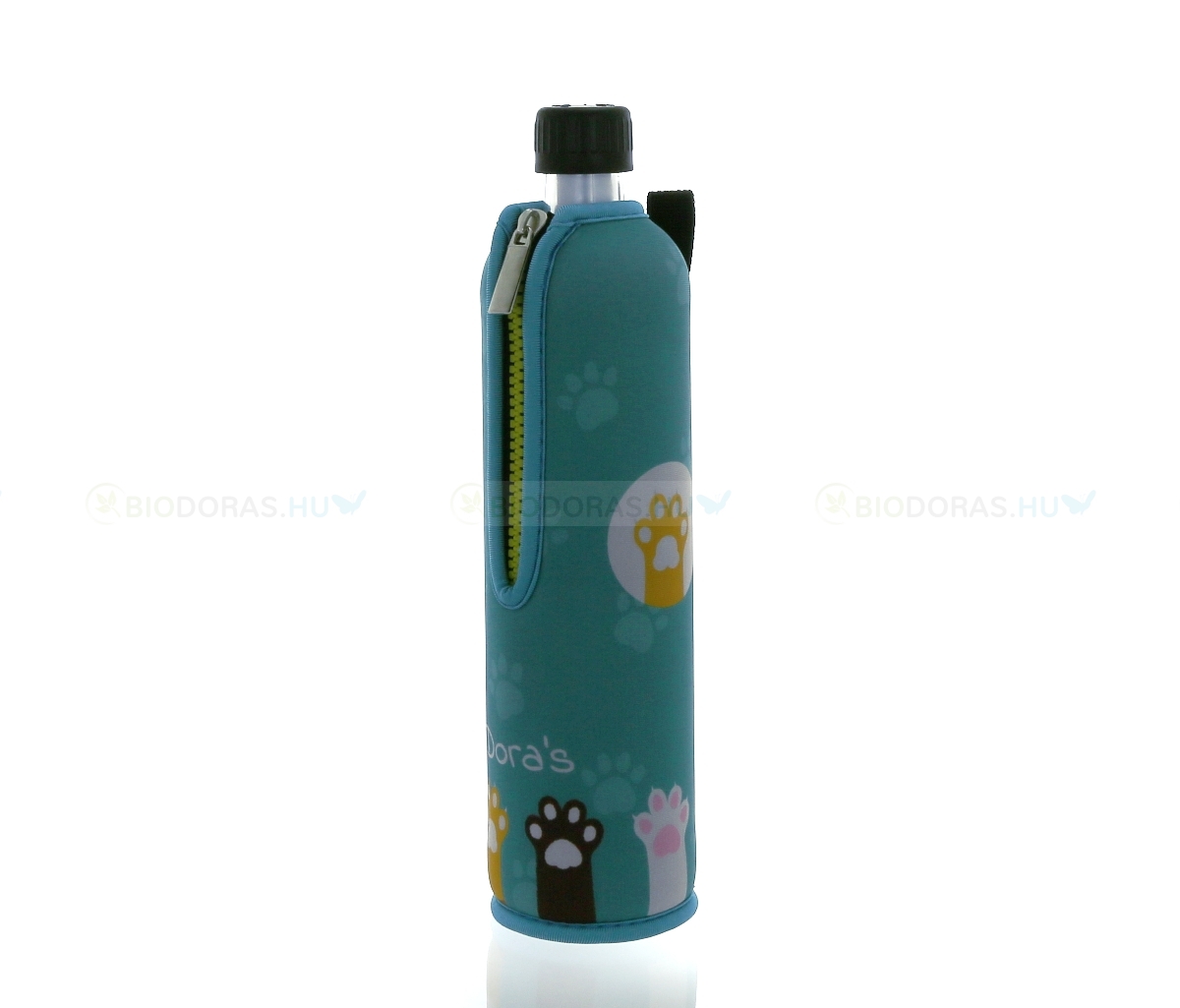 DORAS Üvegkulacs (üvegpalack) kék alapon, színes cicamancs mintás neoprén huzattal - 500 ml