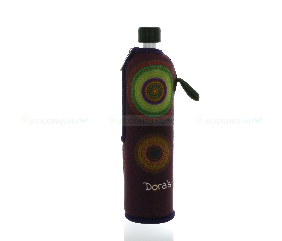DORAS Üvegkulacs (üvegpalack) lila alapon, mandala mintás neoprén huzattal - 500 ml