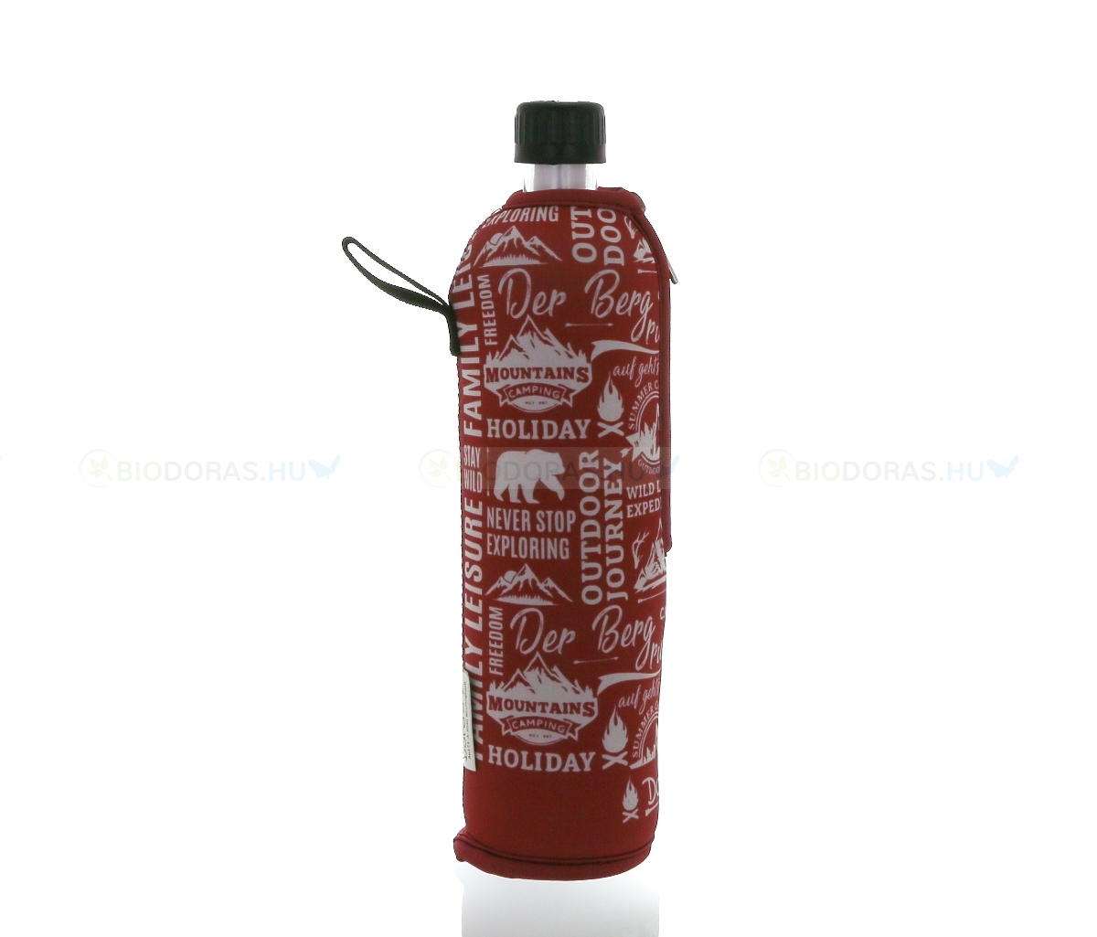 DORAS Üvegkulacs (üvegpalack) piros, túra motívumos neoprén huzattal - 500 ml