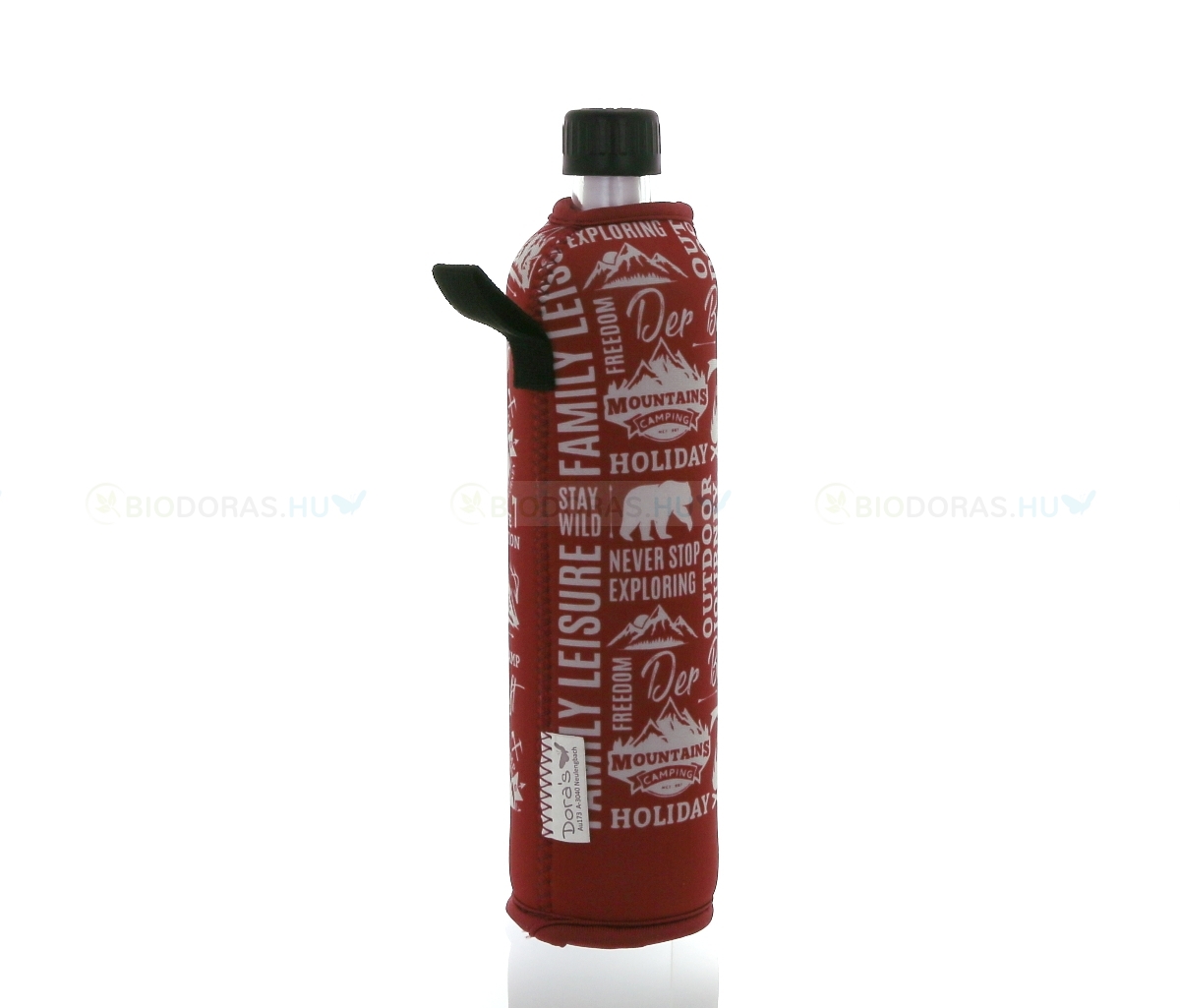 DORAS Üvegkulacs (üvegpalack) piros, túra motívumos neoprén huzattal - 500 ml