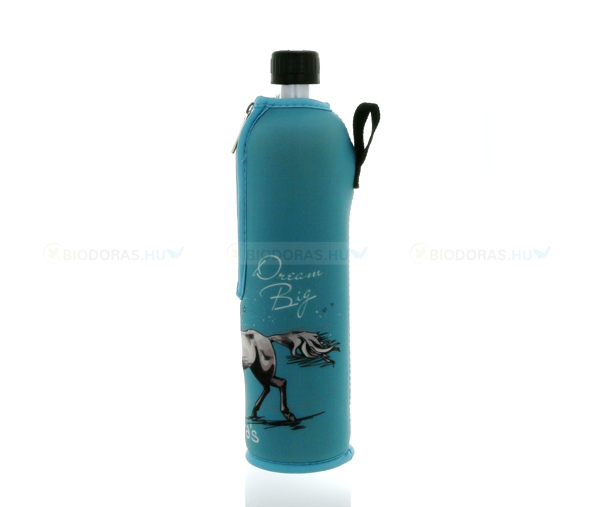 DORAS Üvegkulacs (üvegpalack) kék, ló mintás neoprén huzattal - 500 ml