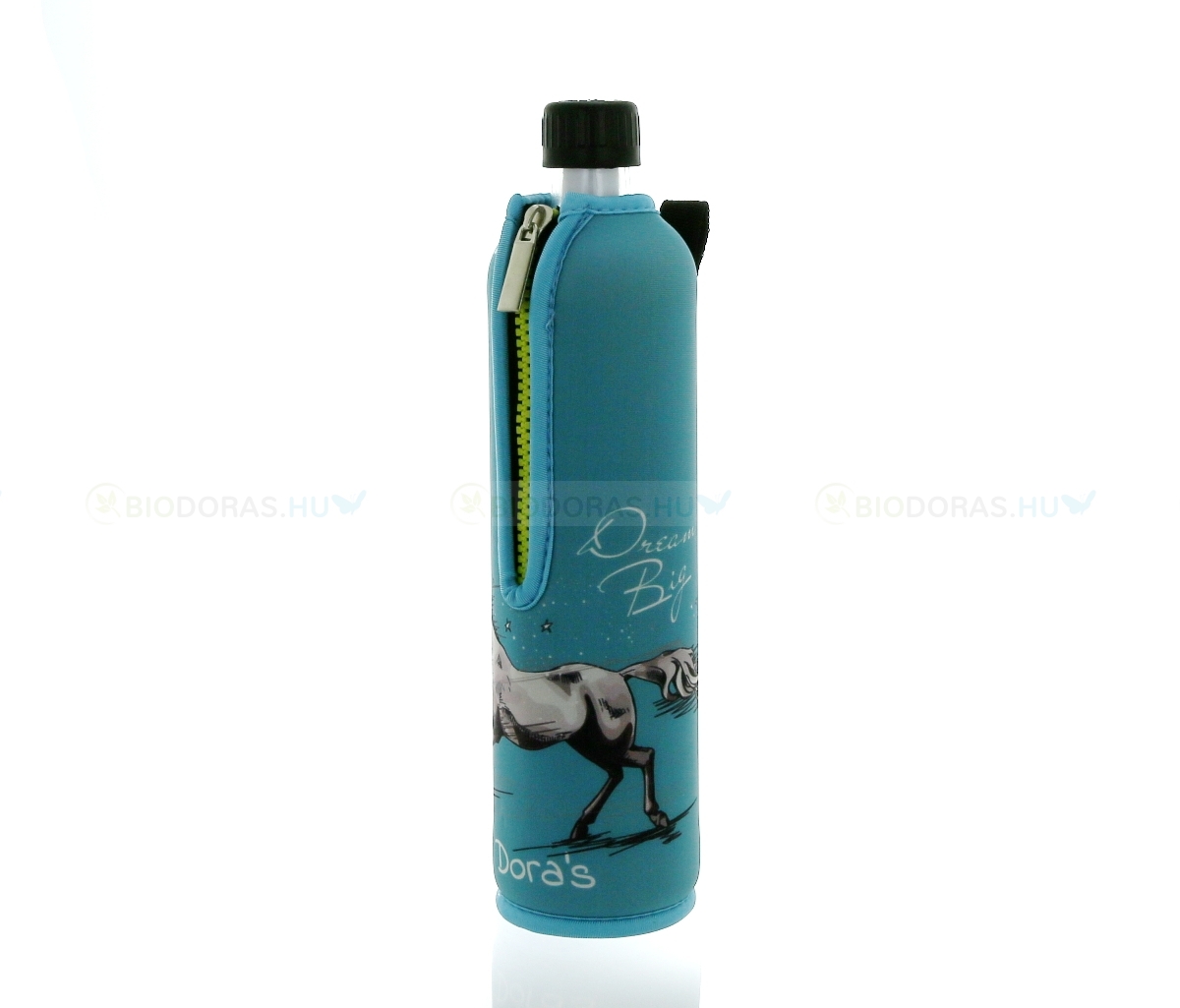 DORAS Üvegkulacs (üvegpalack) kék, ló mintás neoprén huzattal - 500 ml