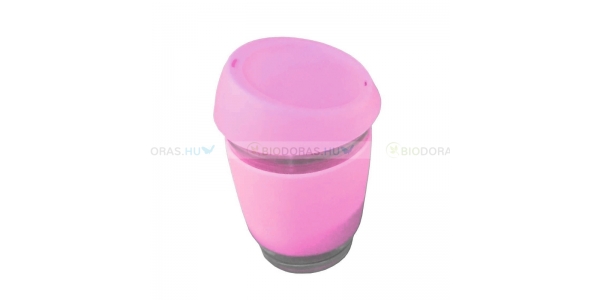 DORAS Üveg utazópohár rózsaszín szilikon borítással és tetővel, 300ml