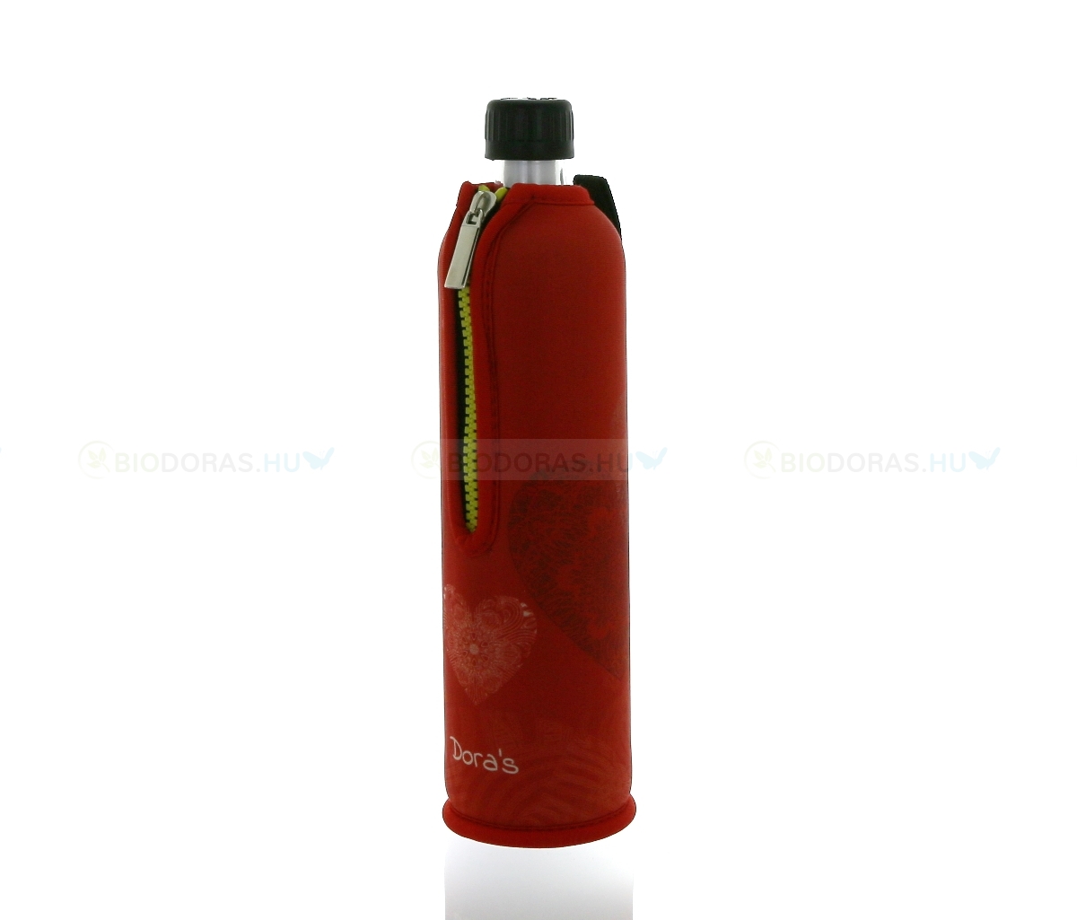 DORAS Üvegkulacs (üvegpalack) piros alapon, szív mintás neoprén huzattal - 500 ml